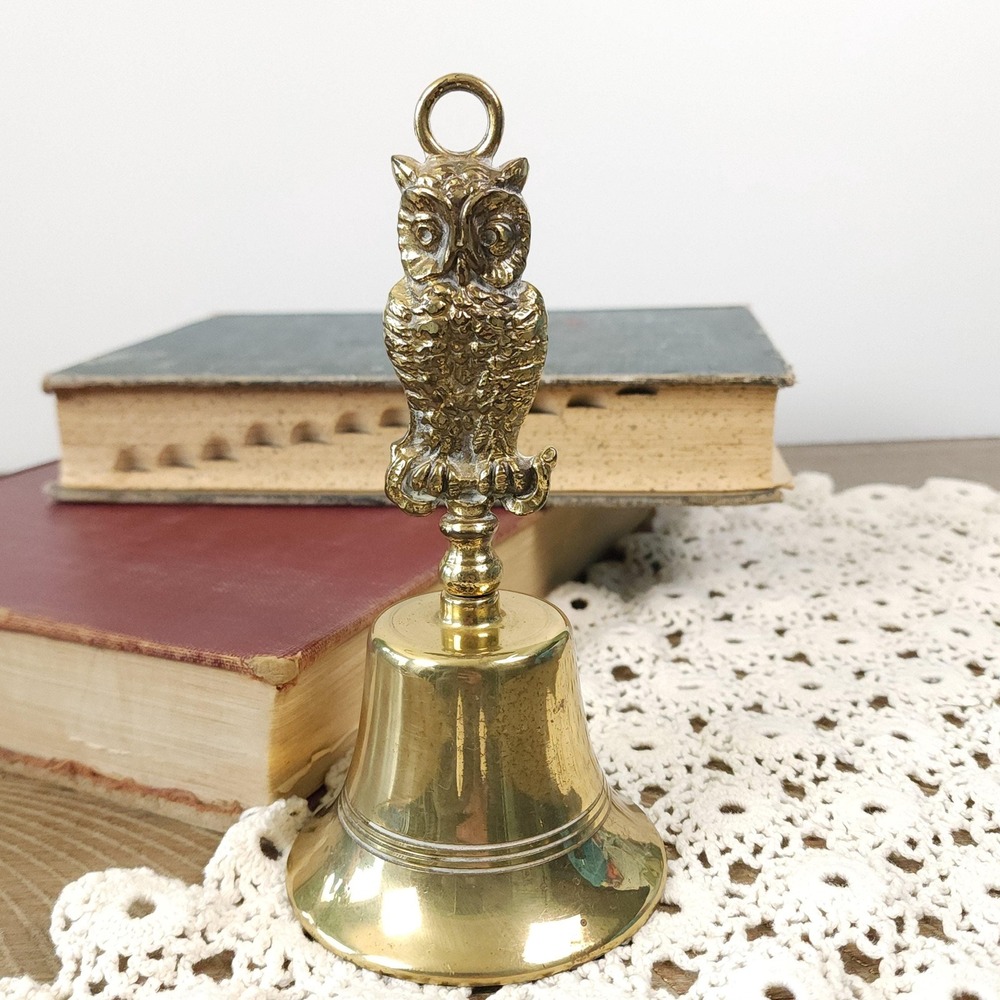 Mid Century Brass‎ Owl Hand Bell, Vintage Brass Decor